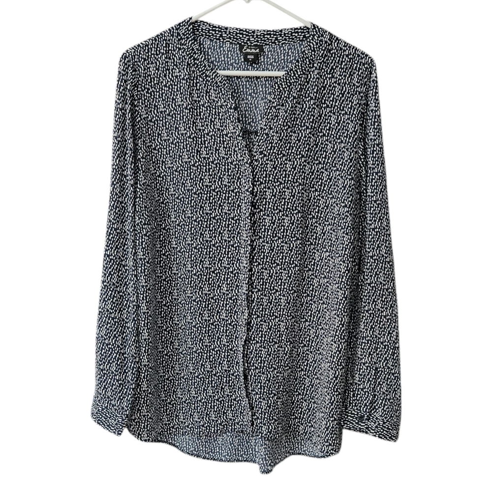 Simply Emma Women's Long Sleeve Blouse Size 1X Button Down Dark Blue Cream